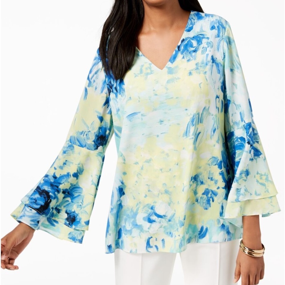 ALFANI Women’s V-Neck Ruffled Bell-Sleeve Abstract-Print Top - 24